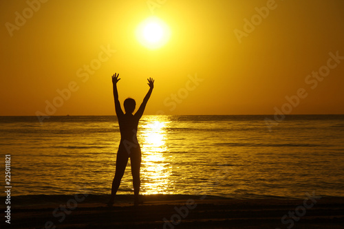 Silhouettes of the girl with the raised hands against a background of a sunrise on the sea coast.