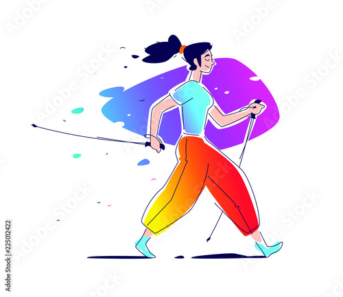  Illustration of the girl Scandinavian walking. The flat vector. Hiking in nature. The illustration is isolated on a white background. Scandinavian walking with sticks. Athletic way of life. Summer.