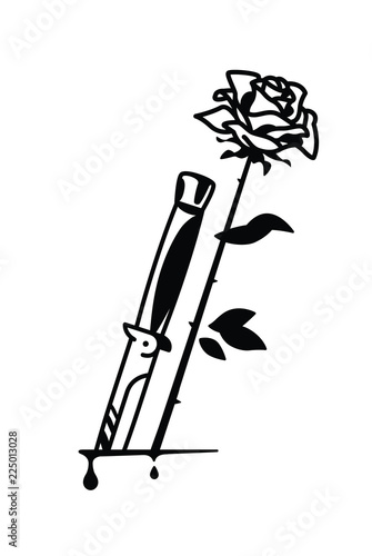 Tattoo knife and rose. Vector. Vintage tattoo in the style of American old school. Image is isolated on white background. Contour drawing. Knife and flower, cut. Illustration for invitation and sticke