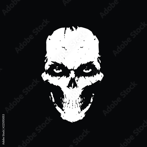 Illustration of a white skull on a black background. Vector. Skull for tattoos. Illustration for a scarf. Silhouette drawing. The face of death. Mask. Scary skull with eyes. A look from the underworld