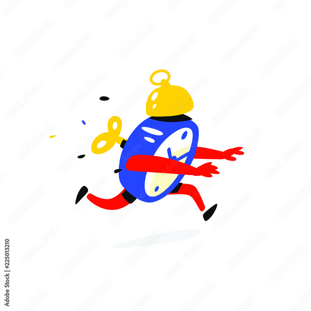 Cartoon character is an alarm clock. Vector. Time is running out. The clock is working. Image is isolated on white background. Flat illustration for banner, print and website. Mascot. The timer runs o Cartoon character is an alarm clock. Vector. Time is running out. The clock is working. Image is isolated on white background. Flat illustration for banner, print and website. Mascot. The timer runs o