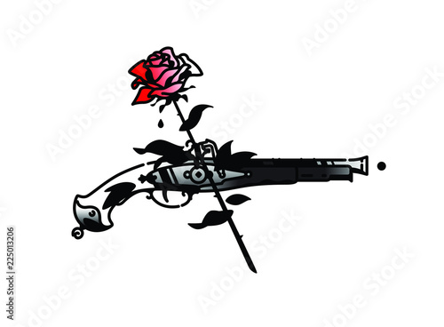 Tattoo of an old pistol and roses. Vector. Vintage tattoo in the style of the American old school. Image is isolated on white background. Contour color pattern. Illustration for packing and caps.
