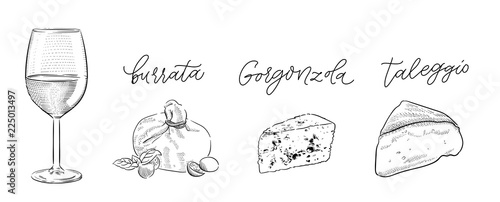 traditional Italian cheese burrata, gorgonzola, taleggio and glass of white wine vintage engraving illustration with its name calligraphy on craft paper background