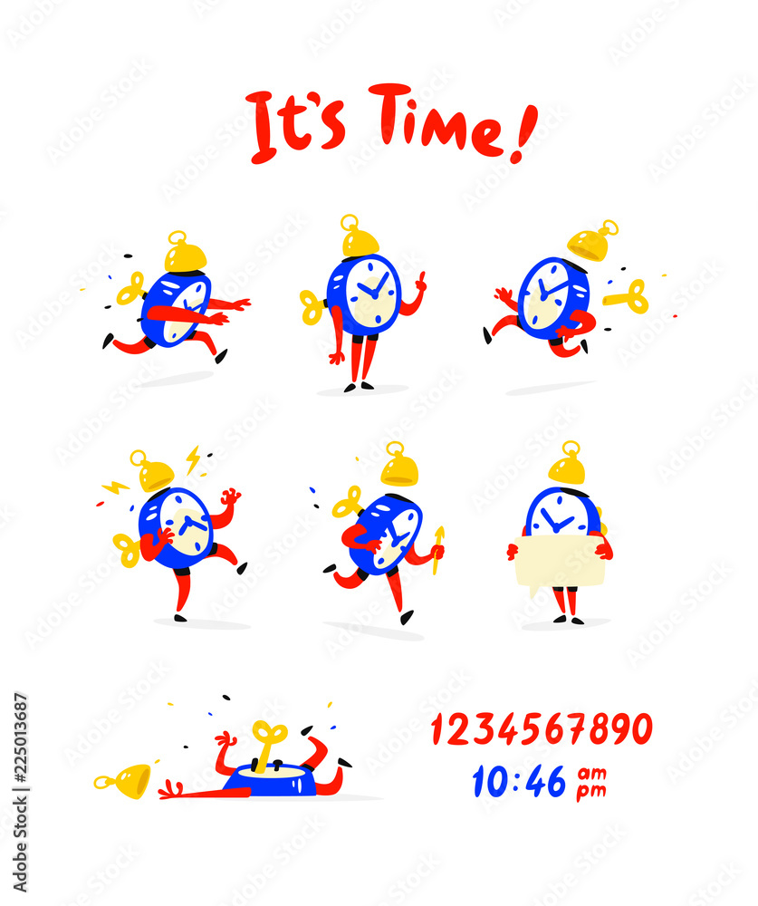Cartoon characters of the alarm clock. A set of emotions and alarm clocks. The life of the clock. Illustrations isolated on white background. Icons for logo, print and website. It's time! Cartoon characters of the alarm clock. A set of emotions and alarm clocks. The life of the clock. Illustrations isolated on white background. Icons for logo, print and website. It's time!
