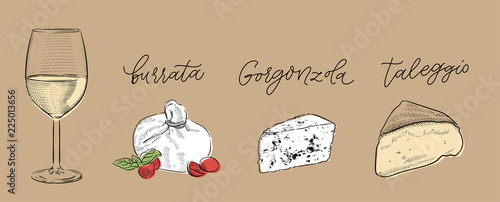 traditional Italian cheese burrata, gorgonzola, taleggio and glass of white wine vintage engraving illustration with its name calligraphy on craft paper background