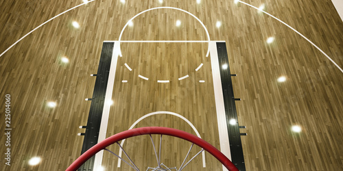 Professional basketball arena with basketball hoop in 3D. Top view through the basketball hoop © Alex