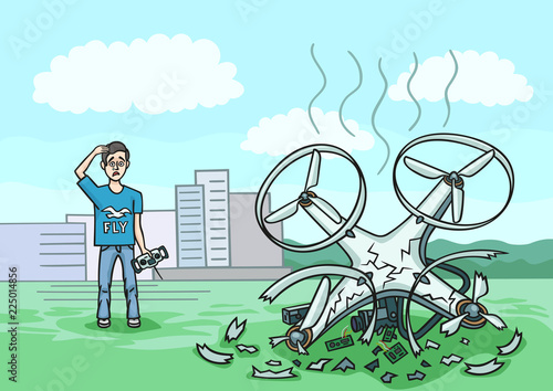 The drone fell from a height and broke into pieces.