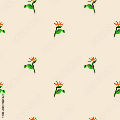 Seamless pattern of small flowers and palm leaves on pink  background in the style of polka dot.