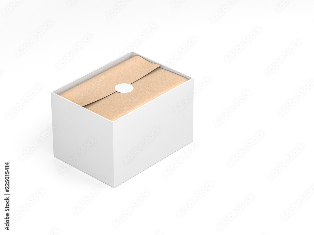 Opened large white Box Mockup with kraft wrapping paper and label isolated on white Opened large white Box Mockup with kraft wrapping paper and label isolated on white