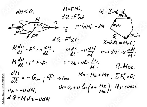 The calculation of the trajectory of a missile. Physical equations and formulas on whiteboard. Vector hand-drawn illustration.