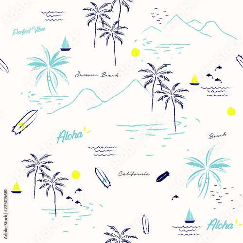 Beautiful seamless island pattern on white background. Landscape with palm trees,beach and ocean vector hand drawn style.