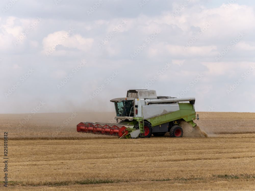 Combine harvesters on the field. Combine harvest on grain field. Summer harvest and blue sky. Harvesting on grain field. Harvests wheat in the fields in summer. Combine harvesters on the field. Combine harvest on grain field. Summer harvest and blue sky. Harvesting on grain field. Harvests wheat in the fields in summer.