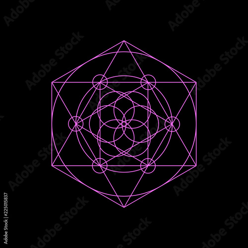 Vector neon sacred geometry symbols with triangle, hexagon, circle and floral motif. Bright mystical geometry symbol on black background