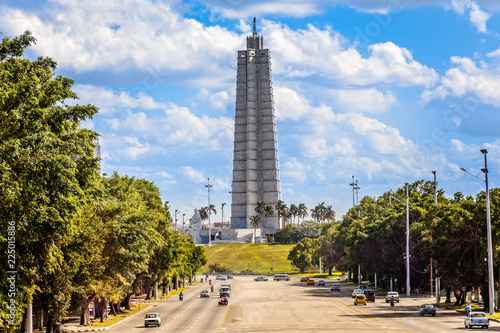 Jose Marti square view with monument, memorial tower and road wi photo