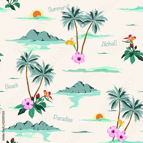 Beautiful seamless island pattern on light beige background. Landscape with palm trees,beach and ocean vector hand drawn style.