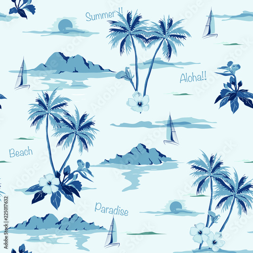 Tropical seamless island pattern monotone in blue background. Landscape with palm trees,beach and ocean vector hand drawn style.
