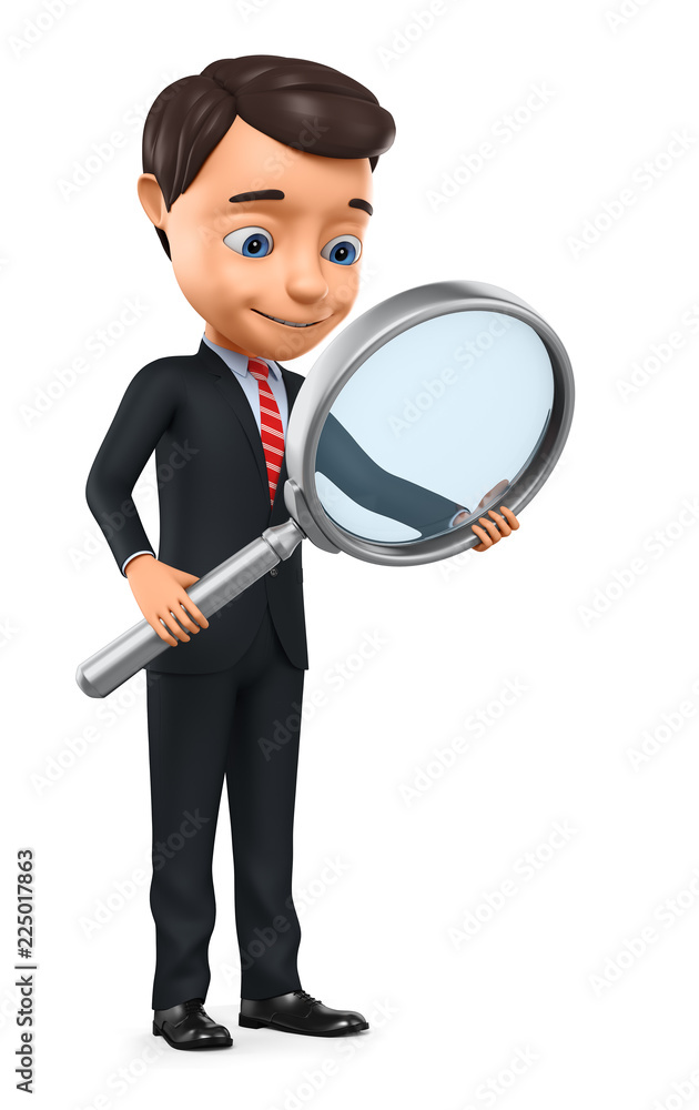 Successful businessman with magnifying glass. 3d render illustration.