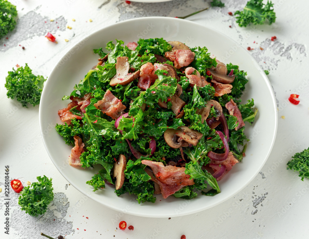 Homemade Kale Mushrooms, Bacon salad with chilli and balsamic vinegar dressing Homemade Kale Mushrooms, Bacon salad with chilli and balsamic vinegar dressing
