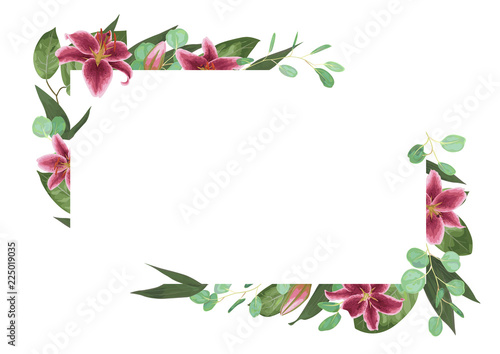 Vector card floral design with green watercolor, herbs, leaves eucalyptus, burgundy lily, botanical green, decorative frame, horizontal rectangle. Cute greeting, postcard template