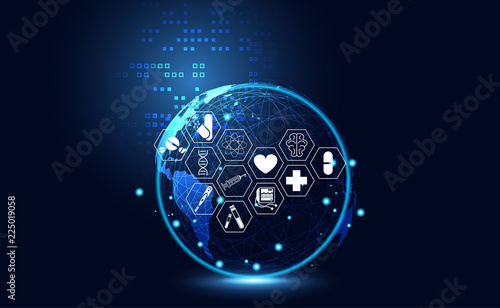 Abstract health medical science healthcare icon digital technology world concept modern innovation,Treatment,medicine on hi tech future blue background. for wallpaper, template, web design.