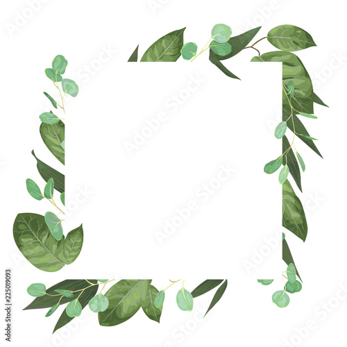 Vector card floral design with green watercolor, herbs, leaves eucalyptus, lily leaves, botanical green, decorative frame, square. Cute greeting, postcard template
