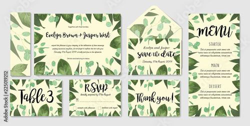 Template set wedding invite, invitation menu, rsvp, thank you card, table, vector floral greenery design. Watercolor style herbs. Cute greeting