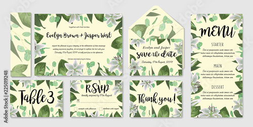 Template set wedding invite, invitation menu, rsvp, thank you card, table, vector floral greenery design. Watercolor style herbs, eucalyptus, white lily. Cute greeting