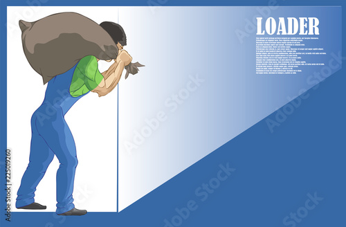 Illustration, hard worker pulling a heavy bag