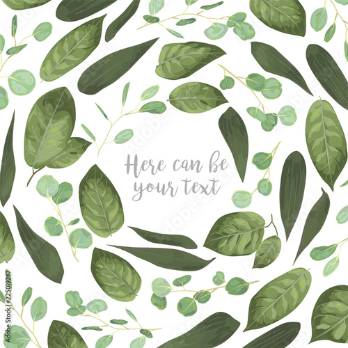 Vector card floral design with green watercolor, herbs, leaves eucalyptus, lily leaves, botanical green background, decorative round frame, square. Wedding invite, cute greeting
