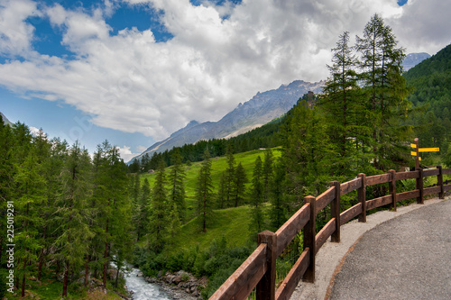 Alpine scenery and road fence with alpien mountain