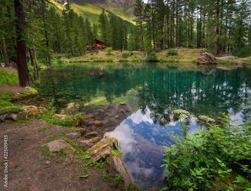 alpine lake pellaud in a pine forest in Rhemes Notre Dame, Valle dAosta, Italy