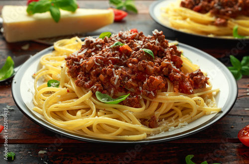 Italian pasta bolognese with beef  basil and parmesan cheese