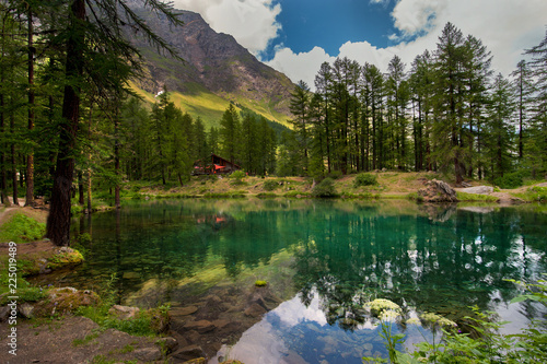 alpine lake pellaud in a pine forest in Rhemes Notre Dame, Valle dAosta, Italy