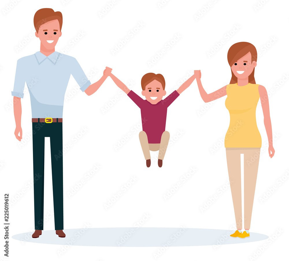 A happy family on white background. Mother, father, son. Cartoon flat vector illustration