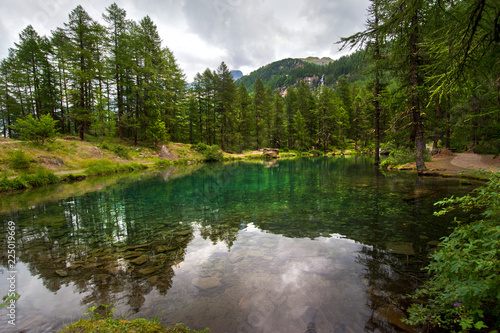 alpine lake Pellaud in a pine forest Rhemes Notre Dame, Valle dAosta, Italy