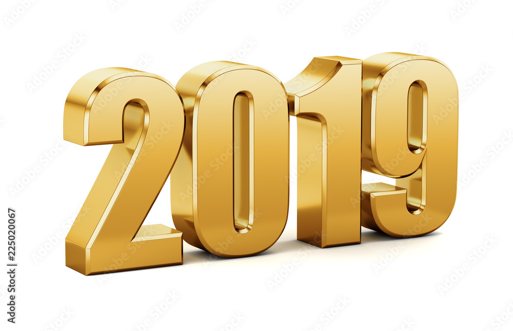New 2019 year golden inscription isolated on white background. 3D rendered Illustration for advertising. New 2019 year golden inscription isolated on white background. 3D rendered Illustration for advertising.