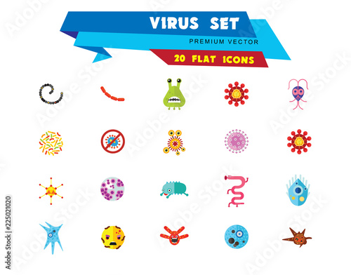 Virus icons set. Thirteen vector icons of influenza virus, coronavirus, adenovirus and other bacteria