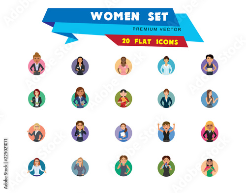 Women vector icon set. Doctor, excited, drinking, in glasses, Indian. Characters concept. Can be used for topics like occupation, race, activity, look, emotion
