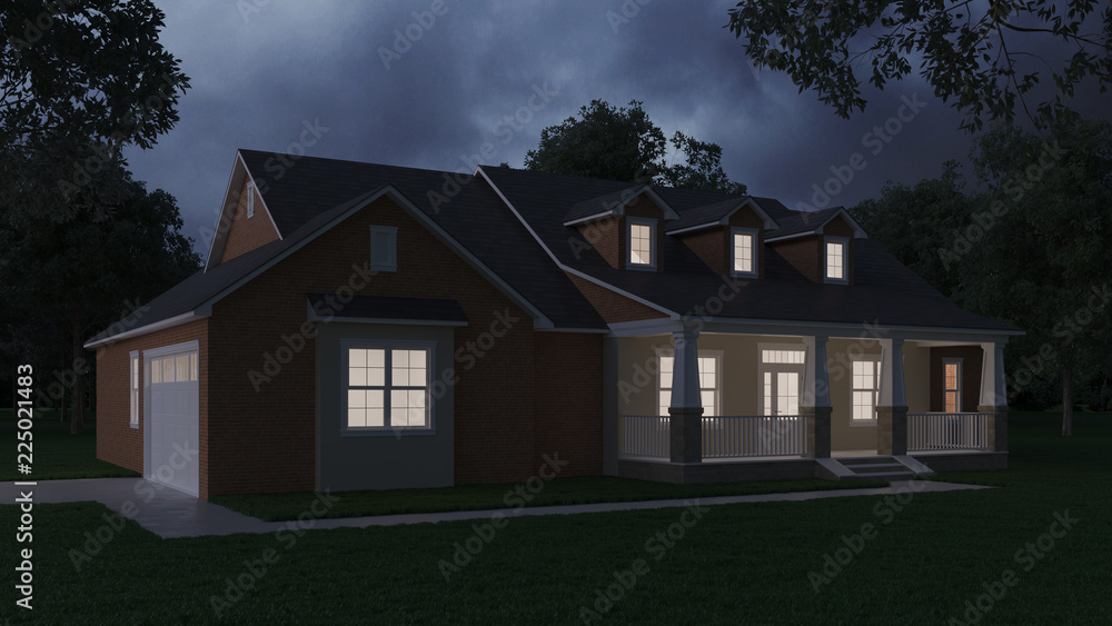 Cozy brick house with a large garden and lawn. Home exterior. Twilight, night lighting. 3D rendering.