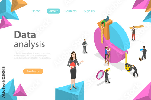 Flat isometric vector concept of business statistics and analytics, audit report, company performance analysis.