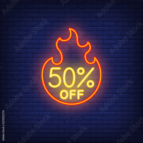 Fifty percent off neon text with fire flame. Discount or sale advertising design. Night bright neon sign, colorful billboard, light banner. Vector illustration in neon style.