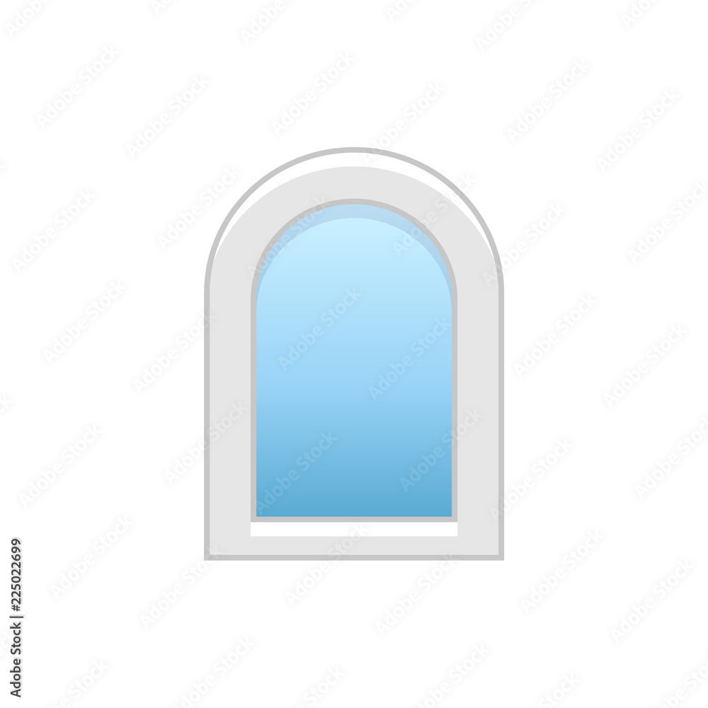 Vector illustration of arc vinyl casement window. Flat icon of traditional aluminum arched window. Isolated object on white background. Vector illustration of arc vinyl casement window. Flat icon of traditional aluminum arched window. Isolated object on white background.