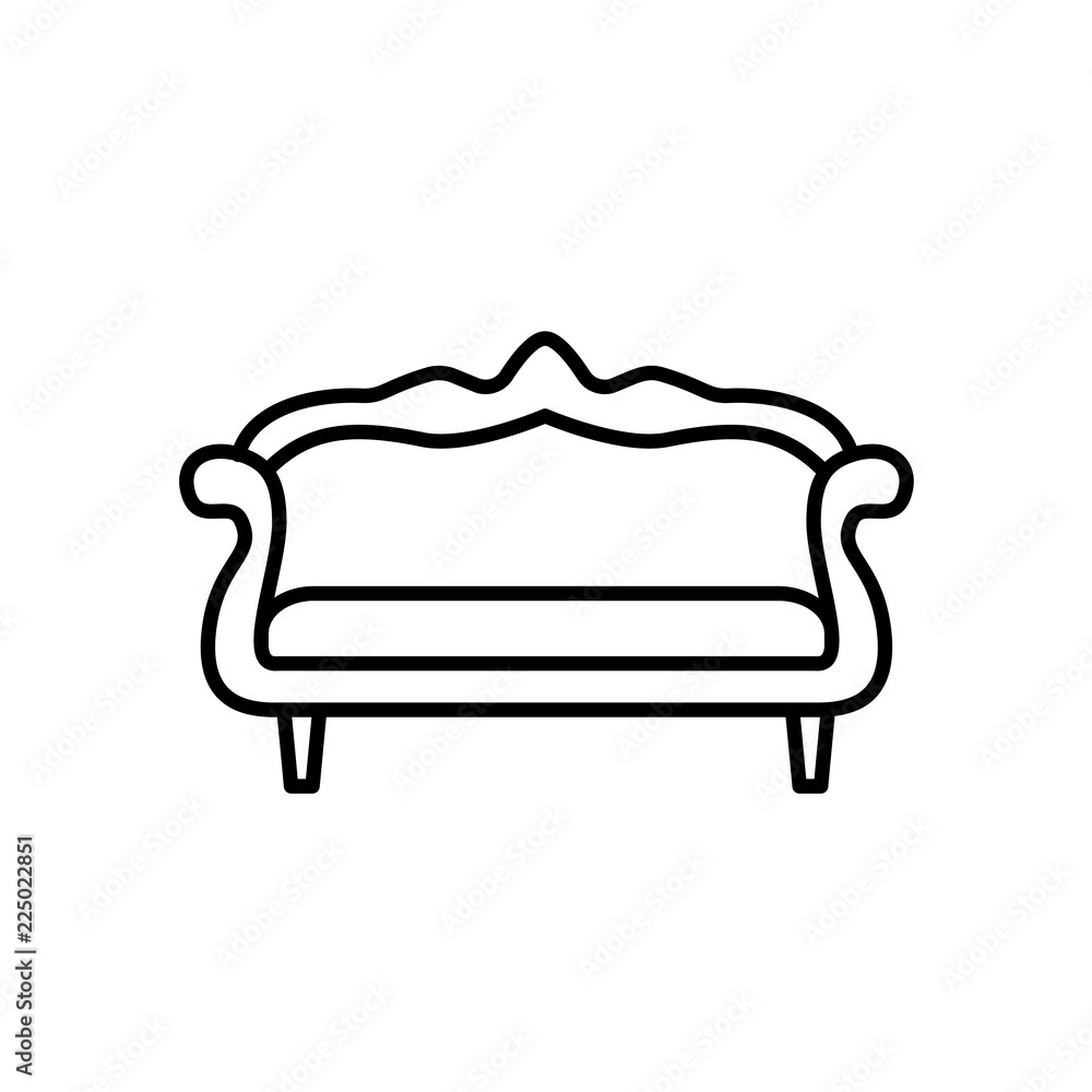 Black & white vector illustration of camelback sofa. Line icon of settee. Vintage home & office furniture. Isolated on white background Black & white vector illustration of camelback sofa. Line icon of settee. Vintage home & office furniture. Isolated on white background