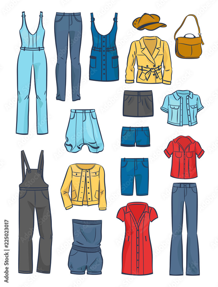 Set of women's casual clothing,overalls, jackets, dresses, shorts, skirts, etc, isolated on white background Set of women's casual clothing,overalls, jackets, dresses, shorts, skirts, etc, isolated on white background