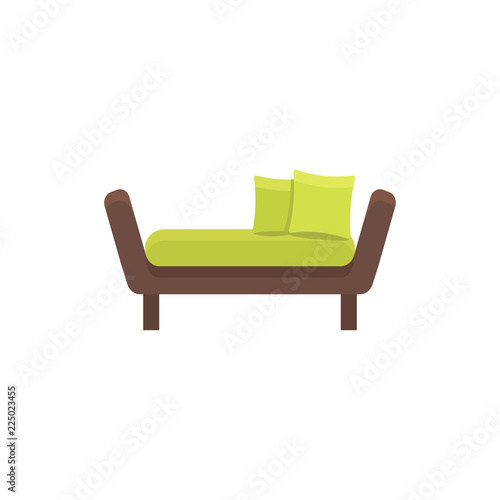 Green daybed with pillows. Comfortable sofa. Vector illustration. Flat icon of settee. Front view.