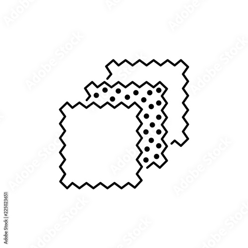 Black & white vector illustration of precut quilt squares with different patterns. Line icon of quilting fabric bundle. Patchwork & sewing materials. Isolated on white background.