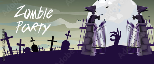 Zombie Party lettering with graveyard gates, gargoyles and moon. Invitation or advertising design. Handwritten text, calligraphy. For leaflets, brochures, invitations, posters or banners.