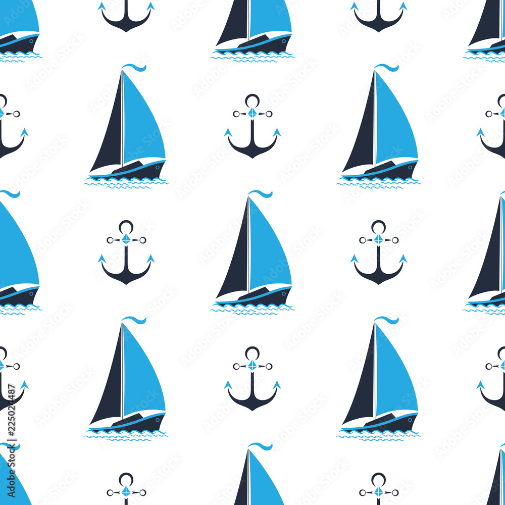 Sea pattern with ships and anchors. Seamless background in a marine style.