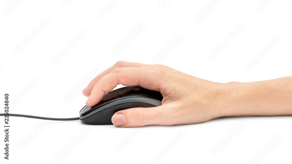 Woman's hand click on black computer mouse. Isolated on white. Woman's hand click on black computer mouse. Isolated on white.