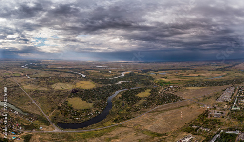 Aerial view on river and town. Panorama photo